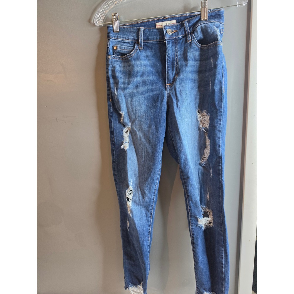 GUESS 1981 Skinny Distressed High Rise Jeans Blue Ripped Raw Hem W93AB4R3ED0 26
